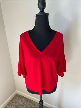 Express Red V-Neck Flutter Sleeve Top